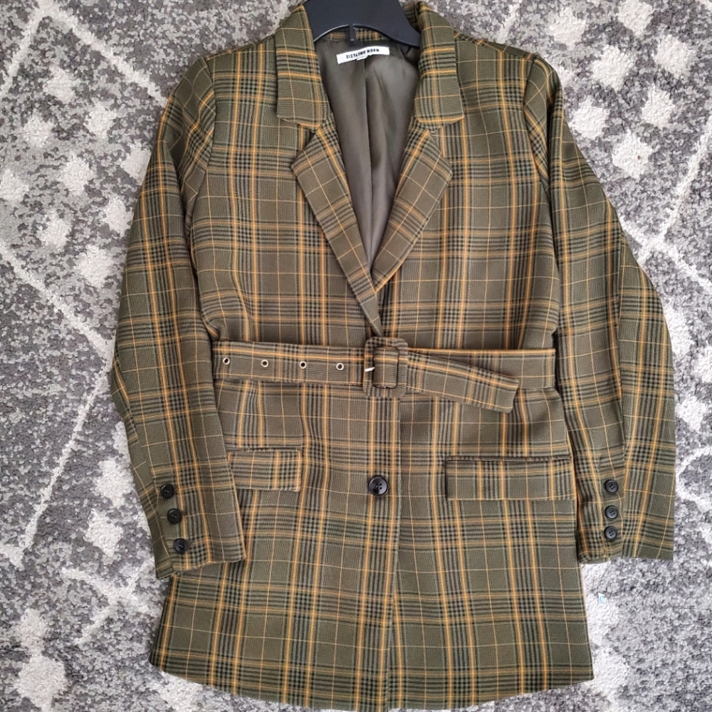 Sz S Long Green w/ Yellow Plaid Blazer